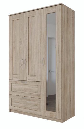 Шкаф трехдверный Сириус с зеркалом и 2 ящиками дуб сонома в Шарыпово - sharypovo.mebel54.com | фото